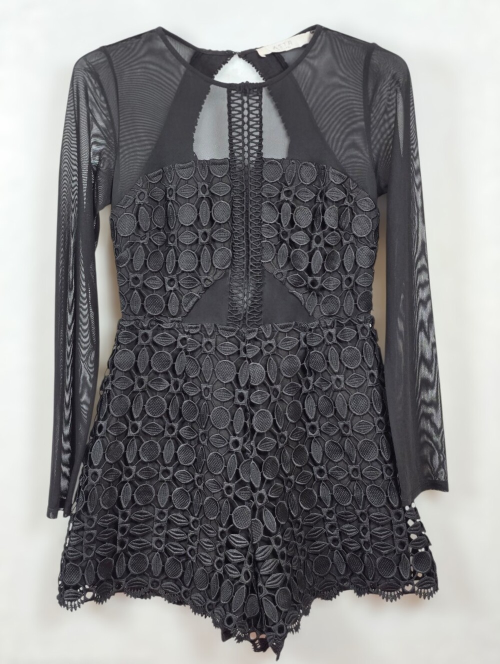 ASTR the Label Black Lace Long Sleeve Romper Sheer Mesh Cut Out Back Sz.Small